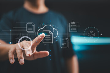 Poster - A user interacts with a virtual document system, symbolizing modern paperless environments and digital operations.