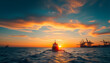 © Lola - Horizontal shot of a ship sailing away from a port  at sunset, pop-art. with white shades