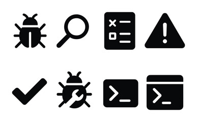 Software development solid icons set – tech, coding, programming symbols