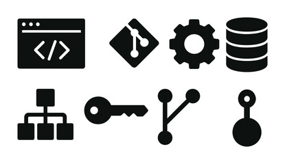 Software development solid icons set – coding, tech tools, programming symbols