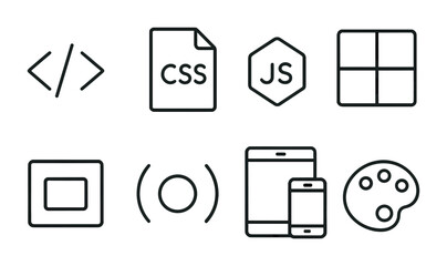 Web development line icons set – css, coding, digital tools and app design elements