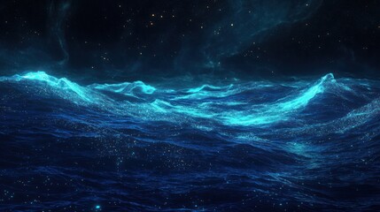 Wall Mural - Blue Glowing Ocean Waves Under a Starry Dark Night Sky