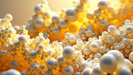 Wall Mural - abstract animation of white spheres floating in a golden liquid