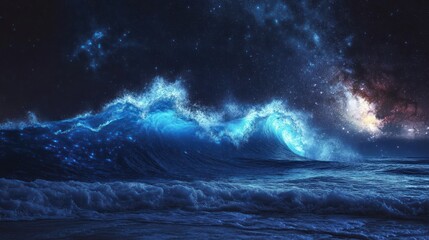 Wall Mural - A luminous ocean wave crashing under a starfilled night sky