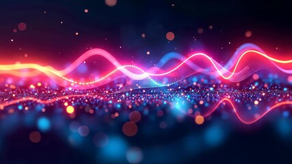 Wall Mural - neon light waves dance on a sparkling sea of abstract bokeh lights