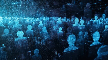 Digitized silhouettes of a large crowd, interconnected by data lines, glowing blue