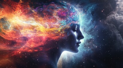 Wall Mural - a thoughtful womans profile surrounded by vibrant cosmic imagery