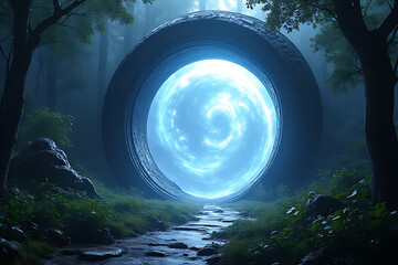 Wall Mural - Sci-fi fantasy portal in an alien jungle, swirling energy, ethereal lighting, strong contrast with surrounding nature