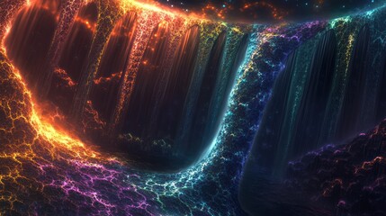 Wall Mural - an abstract colorful digital artwork featuring illuminated cascading energy streams