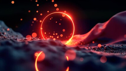 Wall Mural - glowing ring emits vibrant energy in abstract landscape with dynamic particles and flowing fabric.