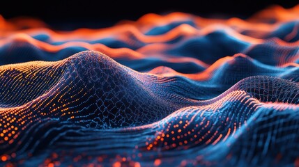 Wall Mural - abstract digital landscape rendering with orange and blue dot patterns