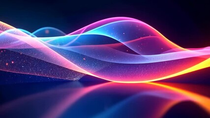Wall Mural - neon light waves flow seamlessly with particles on dark background