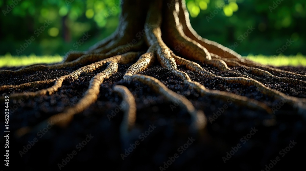Large tree roots spreading in rich dark soil Stock Photo | Adobe Stock