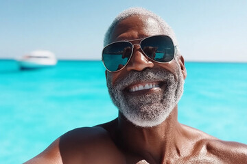 seniors enjoying a beach getaway with clear waters and bright sunshine on a tropical escape