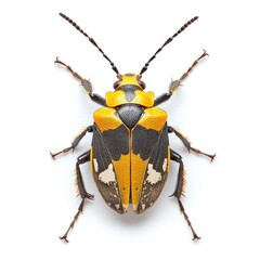 Wall Mural - close up photograph of a vibrant yellow and black beetle with intricate geometrical patterns and tex