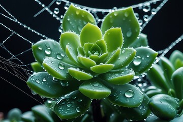 Macro photography, succulent plant, water droplets, dew, spider web, crystal clear dewdrops, dark background, high contrast, vibrant green leaves, spherical water drop, refraction, delicate details, s