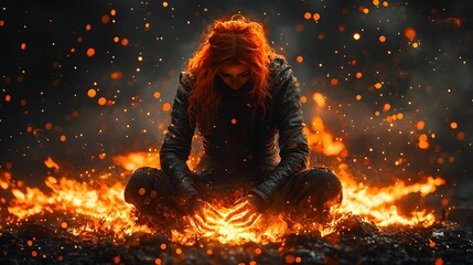 Wall Mural - fiery mage meditating amidst volcanic flames
