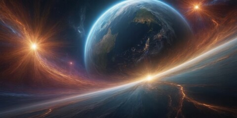 Wall Mural - Exploration of a cosmic landscape showcasing planet Earth amidst vibrant stellar phenomena in a vast universe