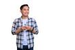 © Sewupari Studio - Cheerful young Asian man in plaid shirt holding mobile phone and looking aside at copy space isolated on transparent background