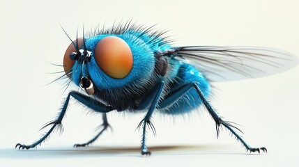 Wall Mural - striking macro portrait of a vibrant blue and orange fly insect with intricate compound eyes hairy l