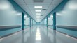 © Suparto - Un pasillo de hospital moderno y limpio con pisos pulidos, paredes azules, iluminación brillante y diseño espacioso