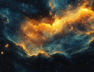 cosmic nebula with gold dust, and space.