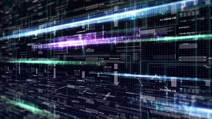 Fototapete - Technology digital glow line hologram perspective view concept. HUD UI system hologram, ai construction 4K motion background