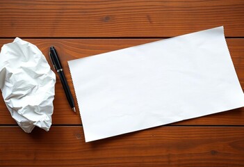 Wall Mural - A crumpled napkin, pen, and empty space on a wooden table, sketch, meeting