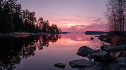 Wall Mural - Serene Sunset Over Calm Lake Surrounded by Lush Greenery
