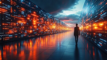 Businessperson walks futuristic data corridor at sunset