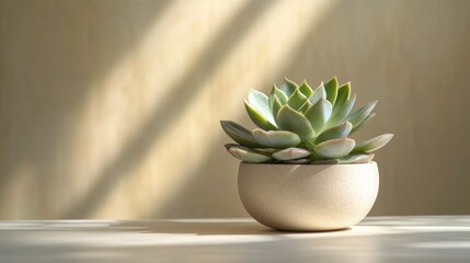 Fototapete - A vibrant succulent thrives in a textured pot, illuminated by soft light casting gentle shadows against a plain white background, creating a serene atmosphere