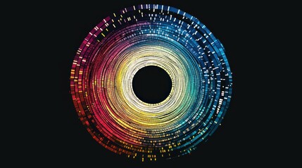 Circular abstract art with layers of colorful data and patterns.