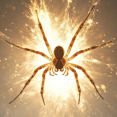 Wall Mural - Dramatic close up shot of a glowing spider silhouette against a dark background with a radiant energy burst emanating from its body creating an intense and mysterious fantasy like effect