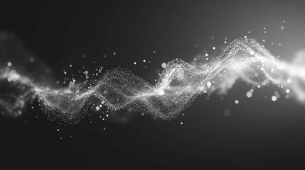 Abstract white particle wave with network connections over a dark background.