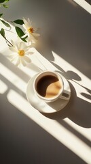 Fototapete - A warm cup of coffee rests on a simple white saucer, accompanied by fresh flowers. The gentle shadows and natural light create a serene atmosphere perfect for relaxation