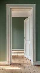 Fototapete - Sunlight filters through an open door, illuminating a functional space with light wooden flooring and gentle green walls. The white trim enhances the room's tranquility