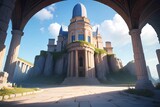 ゲーム背景　歴史ファンタジーのチャーチ風宮殿とアーチがある風景