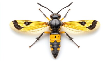 Wall Mural - close up shot of a black and yellow wasp with detailed body structure including the thorax abdomen a
