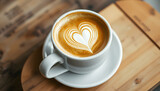 Close up white coffee cup with heart shape latte art on wood tab, graphic novel art. with white shades