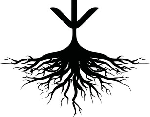 Aufkleber - Black silhouette of tree roots with arrow in minimalist style vector art. Vector illustration.
