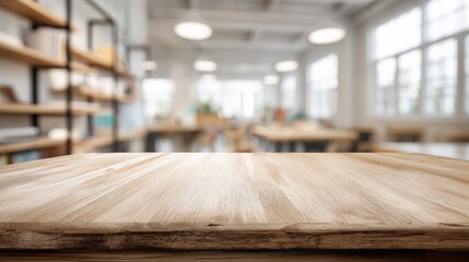 Wall Mural - Wooden Table Surface in Bright Modern Workspace with Blurred Background
