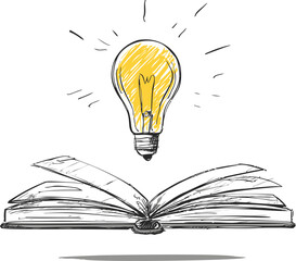 Poster - Open book with yellow glowing lightbulb illustration signifying ideas. Vector illustration.