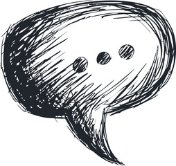 Poster - Sketch style black and white speech bubble with three dots, hand-drawn illustration. Vector illustration.