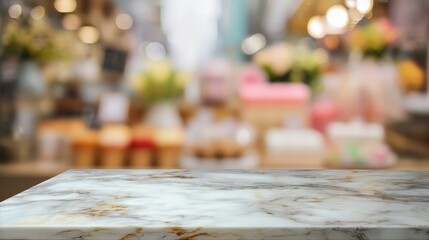 Wall Mural - Marble Countertop Display with Blurred Background of Market Scene