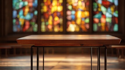 Wall Mural - Elegant Wooden Table in Front of Stunning Colorful Stained Glass