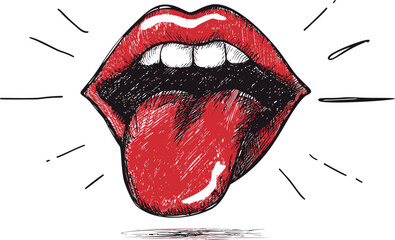 Fototapete - Illustration of red lips with tongue sticking out, pop art style drawing. Vector illustration.