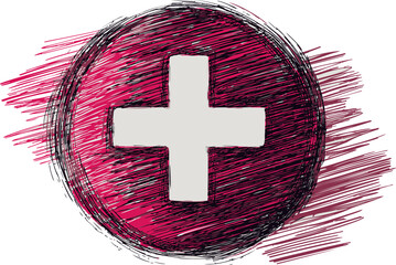 Aufkleber - Red and white sketched swiss flag with cross in circular form, digital art. Vector illustration.