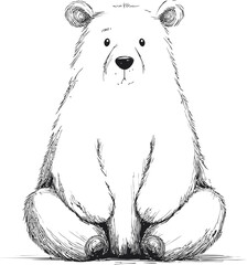 Poster - Black and white sketch of a cute seated bear with curious expression. Vector illustration.