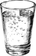 Poster - Detailed black and white sketch of a water glass with bubbles, artistic illustration. Vector illustration.