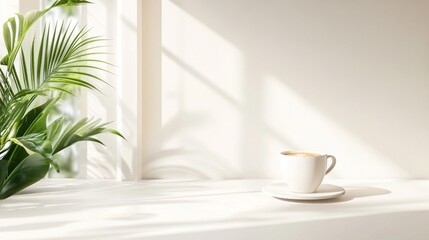 Fototapete - Soft sunlight filters through a window, casting gentle shadows on a white surface where a steaming cup of coffee rests beside a vibrant green plant, creating a calm atmosphere